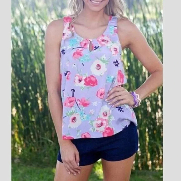 Boutique Everly Preppy Purple Floral Keyhole Neck Racerback Tank Top S - Picture 2 of 6